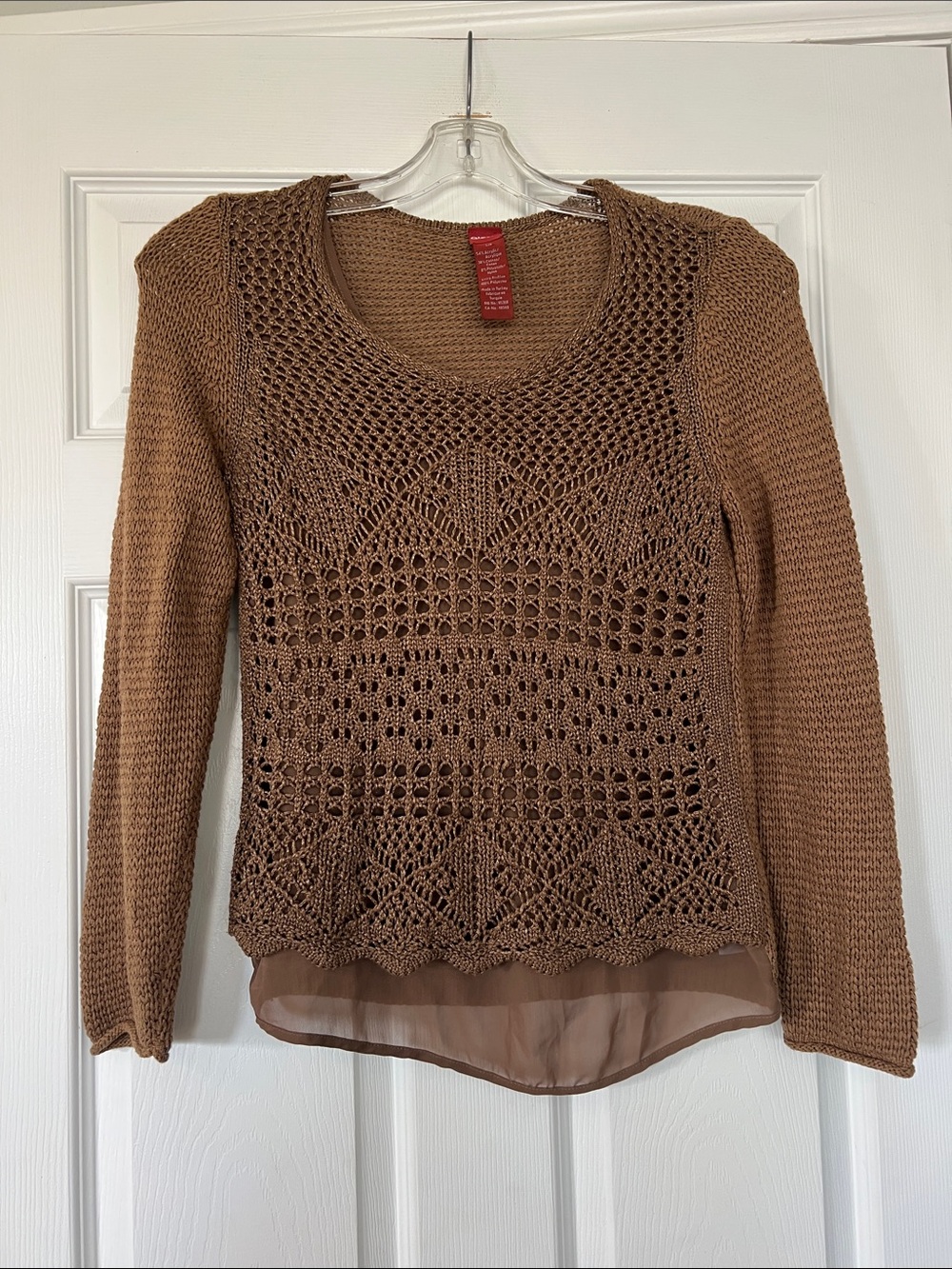 Women's Brown Crochet Knit Layered Hem Sweater - Scoop Neck